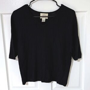 Field Manor 100% Silk Knit V-Neck Short Sleeve Top Black Womens Large
